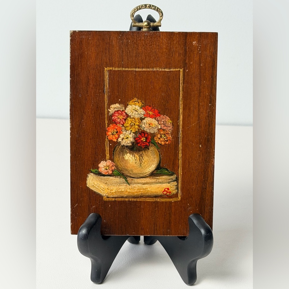 Vintage Miniature Flower Art Wood Painting signed Spring Cottage Garden